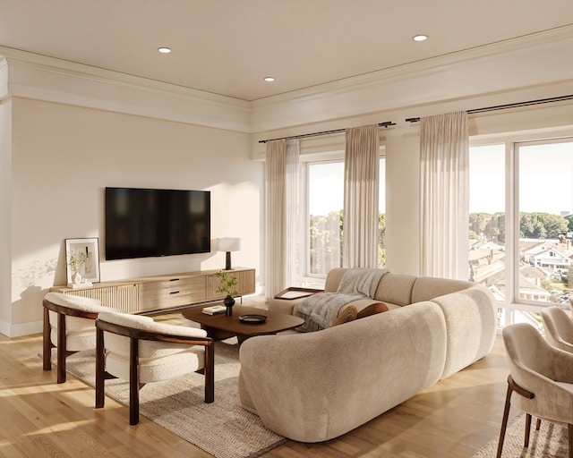 living room featuring ornamental molding and light wood-type flooring