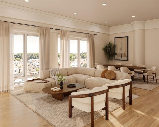 61 Hall St Unit 3, Waltham, MA 02453 - living area with crown molding, light wood-style floors, and recessed lighting