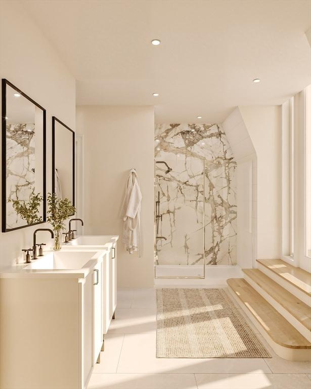 61 Hall St Unit 3, Waltham, MA 02453 - full bath with a marble finish shower, vanity, recessed lighting, and tile patterned floors