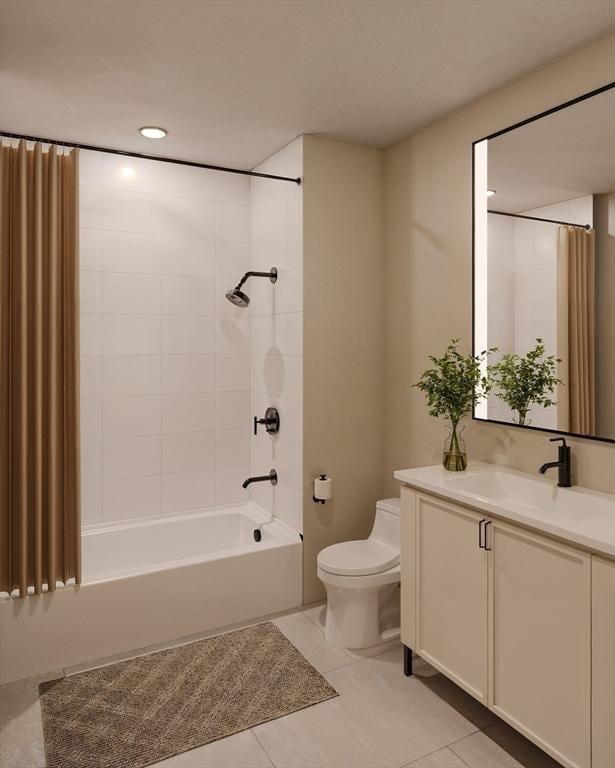 61 Hall St Unit 3, Waltham, MA 02453 - full bath with toilet, vanity, tile patterned flooring, tub / shower combination, and recessed lighting