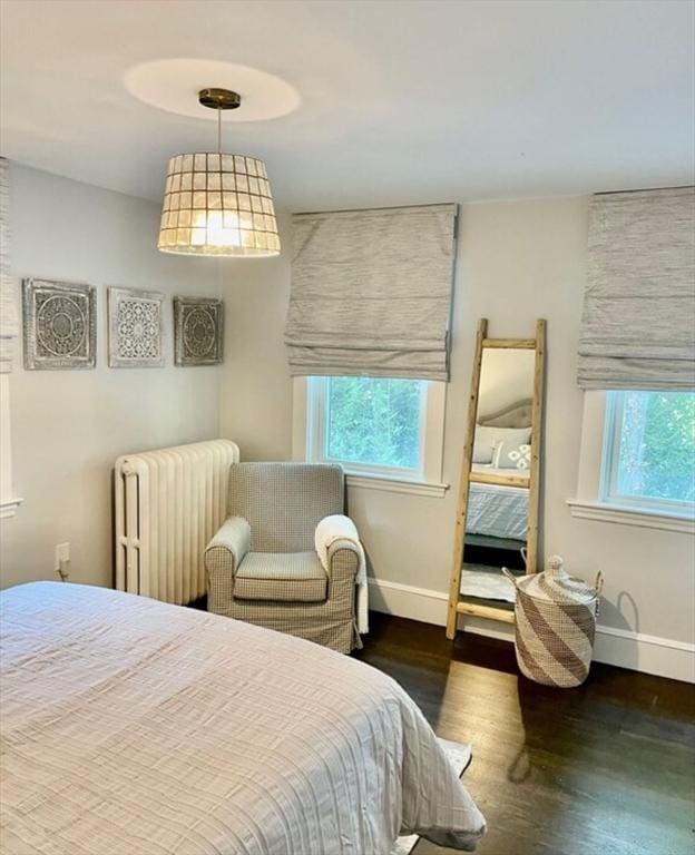 bedroom with dark hardwood / wood-style flooring and radiator heating unit