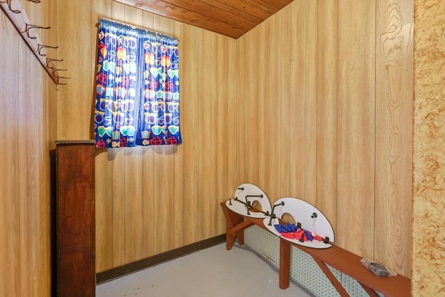 interior space featuring wooden walls and wood ceiling