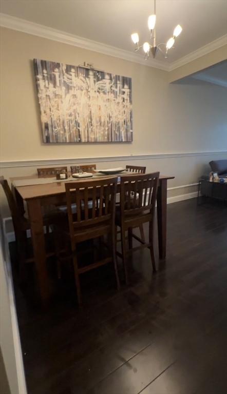 5 Lincoln Ln Unit 5, Grafton, MA 01536 - dining space featuring crown molding, a chandelier, wainscoting, and dark wood-type flooring