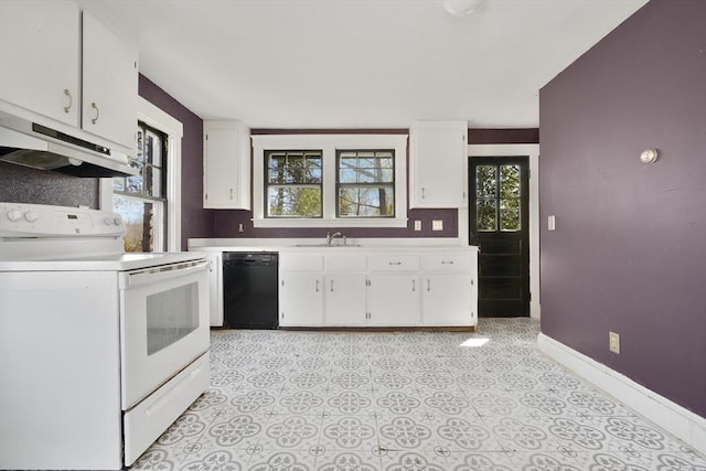 kitchen with black dishwasher, light countertops, under cabinet range hood, a sink, and white electric stove