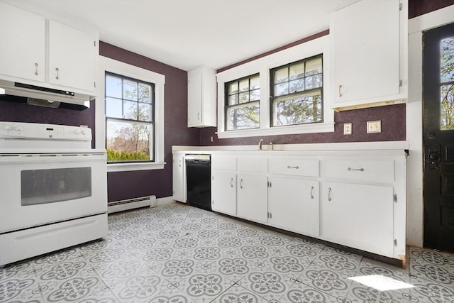 kitchen featuring white electric range oven, black dishwasher, white cabinetry, under cabinet range hood, and a baseboard radiator