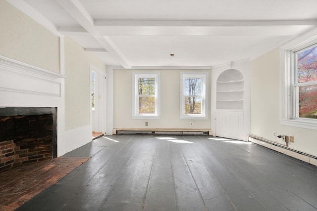unfurnished living room featuring plenty of natural light, a baseboard radiator, wood-type flooring, and a fireplace with flush hearth