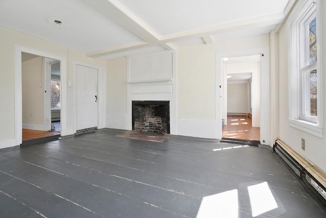 unfurnished living room with a fireplace with flush hearth, baseboard heating, hardwood / wood-style flooring, and a baseboard radiator