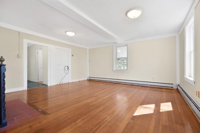 empty room featuring baseboard heating, a baseboard radiator, beamed ceiling, ornamental molding, and hardwood / wood-style floors