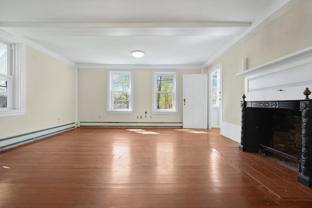 unfurnished living room featuring a baseboard radiator, a fireplace, wood-type flooring, and beam ceiling