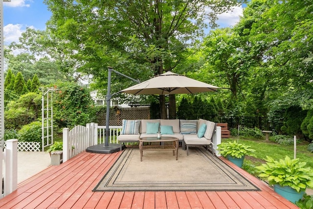 4 Fiske Ave, Chelmsford, MA 01863 - wooden deck with an outdoor living space, a fenced backyard, and view of scattered trees