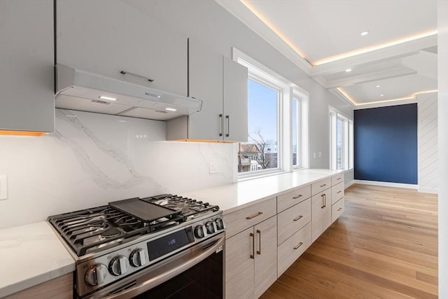 308 Newton St, Waltham, MA 02453 - kitchen with stainless steel gas stove, under cabinet range hood, light wood-type flooring, modern cabinets, and tasteful backsplash