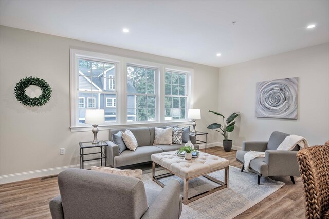 living room with light hardwood / wood-style flooring