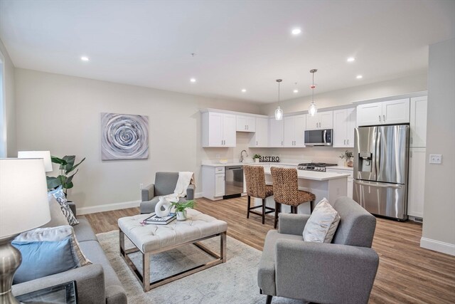 living room with light hardwood / wood-style floors and sink