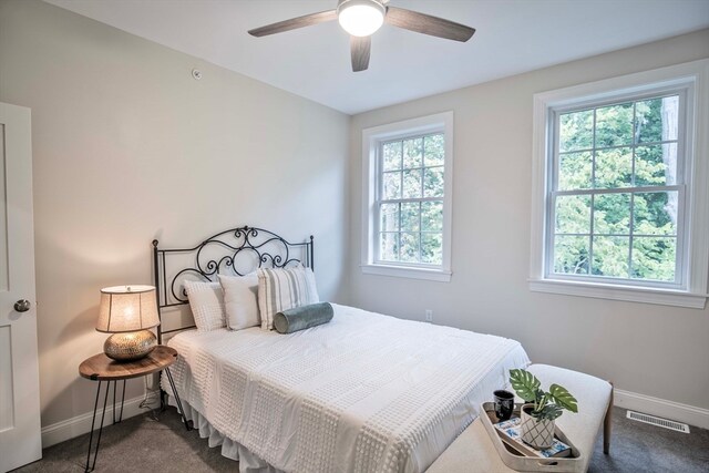 bedroom featuring multiple windows, carpet, and ceiling fan