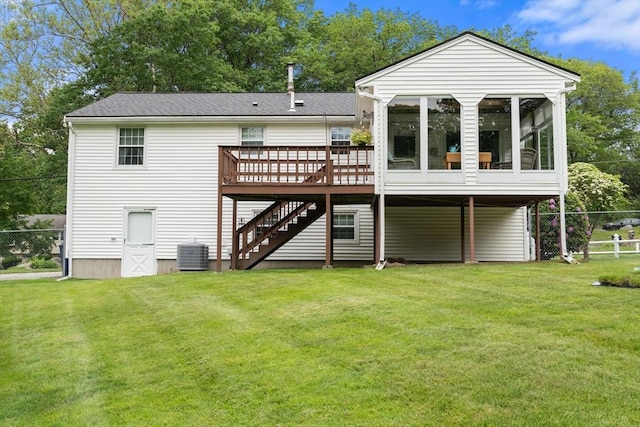 55 Glen Rd, Wilmington, MA 01887 - rear view of house featuring central air condition unit, a wooden deck, stairs, a sunroom, and roof with shingles