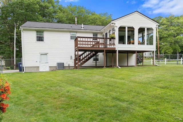 55 Glen Rd, Wilmington, MA 01887 - rear view of property with a wooden deck, central AC unit, stairs, and a sunroom
