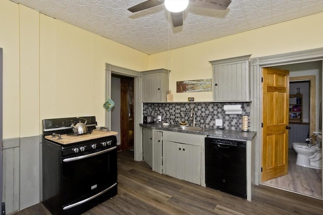 10 Dorchester, Springfield, MA 01109 - kitchen with black appliances, an ornate ceiling, a sink, decorative backsplash, and a ceiling fan