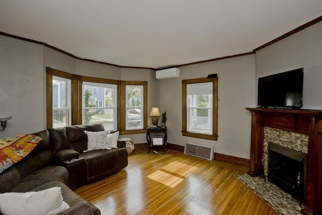 10 Dorchester, Springfield, MA 01109 - living area featuring crown molding, a wall mounted AC, wood finished floors, a premium fireplace, and baseboards