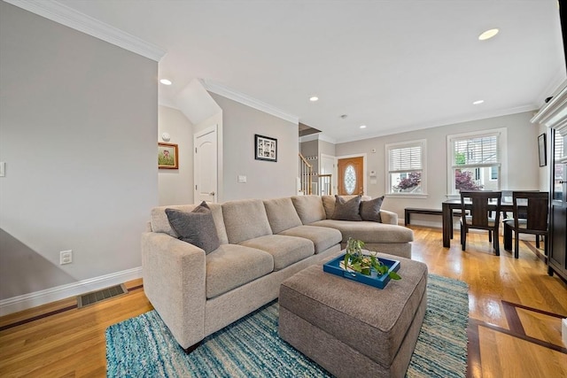 867 Adams St Unit 867, Boston, MA 02124 - living area with stairway, baseboards, ornamental molding, wood finished floors, and recessed lighting