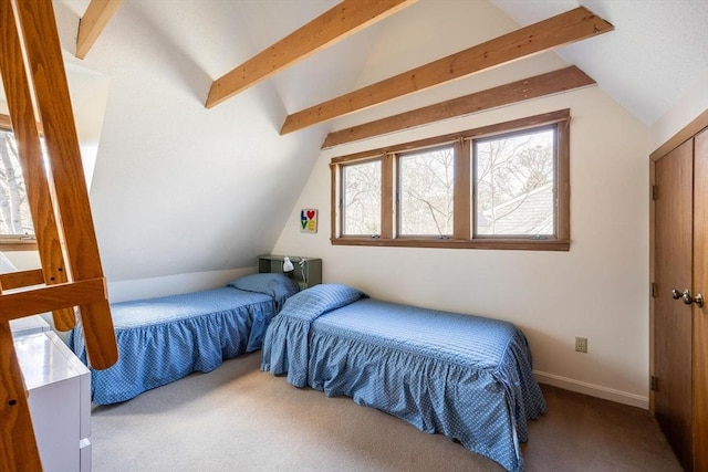 bedroom with vaulted ceiling with beams, baseboards, and carpet floors