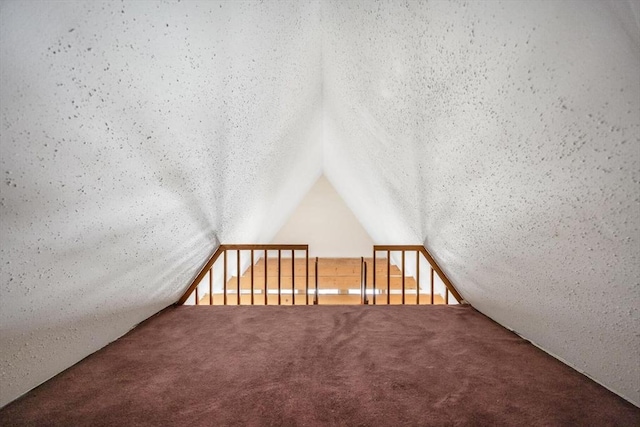 bonus room with vaulted ceiling, carpet flooring, and a textured ceiling