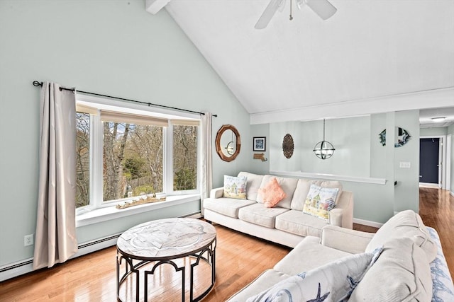 living room with wood finished floors, a ceiling fan, high vaulted ceiling, beamed ceiling, and a baseboard radiator