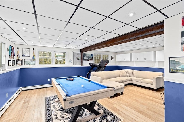 recreation room with a baseboard radiator, light wood finished floors, recessed lighting, and billiards