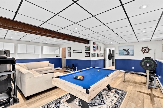 game room with billiards, recessed lighting, and light wood-style floors