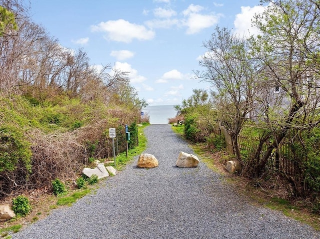 view of road with a water view