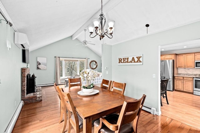 dining area featuring baseboard heating, a wall unit AC, a baseboard heating unit, light wood finished floors, and ceiling fan with notable chandelier