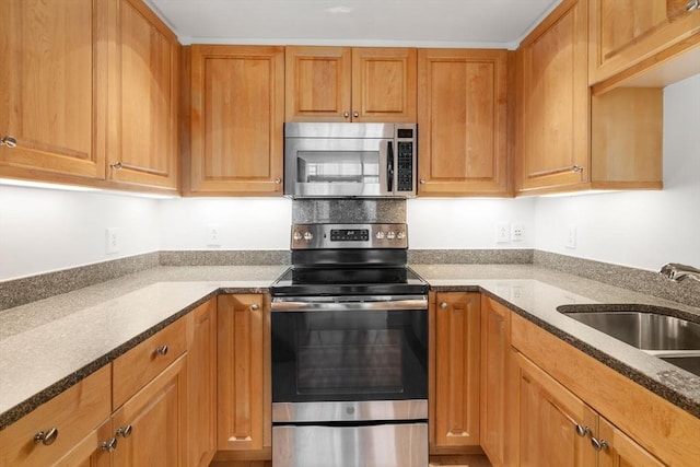 kitchen with dark stone countertops, sink, and appliances with stainless steel finishes