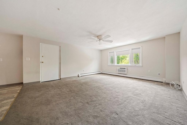 carpeted spare room with baseboards, ceiling fan, and a wall mounted AC