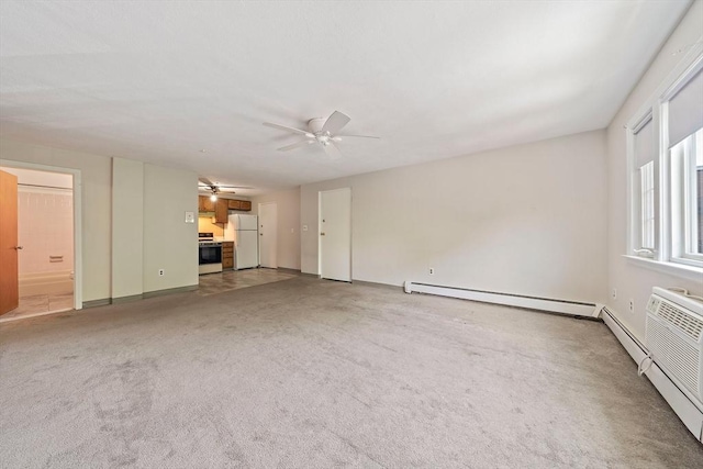 unfurnished living room featuring ceiling fan, a baseboard radiator, and carpet floors