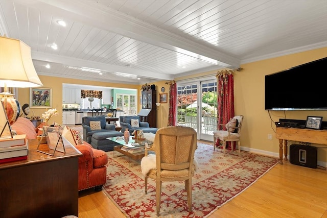 29 Stop River Rd, Norfolk, MA 02056 - living area with light wood-type flooring, beam ceiling, baseboards, crown molding, and recessed lighting
