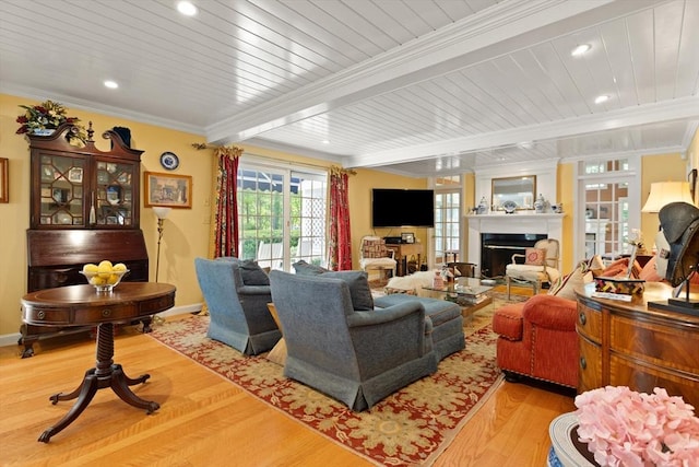 29 Stop River Rd, Norfolk, MA 02056 - living area with wood finished floors, baseboards, crown molding, beam ceiling, and wooden ceiling