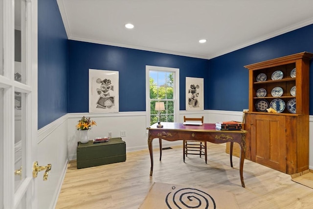 29 Stop River Rd, Norfolk, MA 02056 - office area featuring a wainscoted wall, wood finished floors, ornamental molding, and recessed lighting