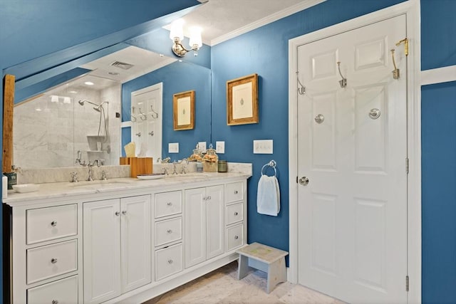 29 Stop River Rd, Norfolk, MA 02056 - bathroom with a stall shower, ornamental molding, and double vanity