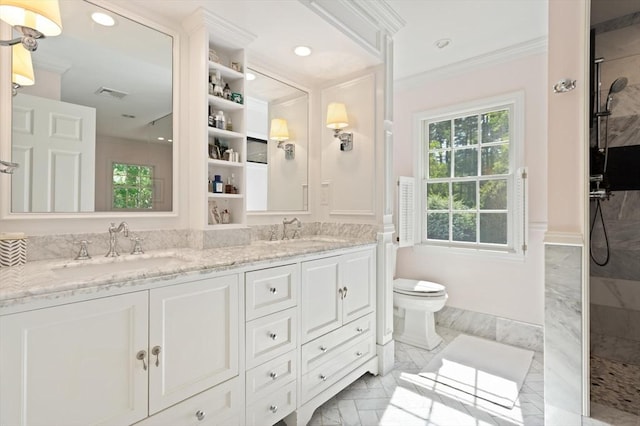 29 Stop River Rd, Norfolk, MA 02056 - bathroom featuring ornamental molding, marble look tile flooring, toilet, tiled shower, and recessed lighting