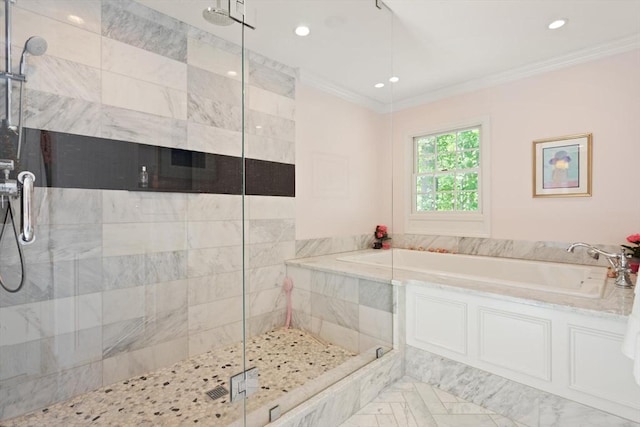 29 Stop River Rd, Norfolk, MA 02056 - full bath with ornamental molding, a bath, a stall shower, and recessed lighting