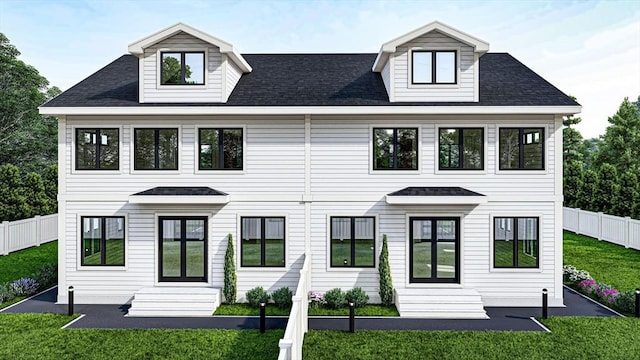 view of front of house with entry steps, french doors, and a shingled roof