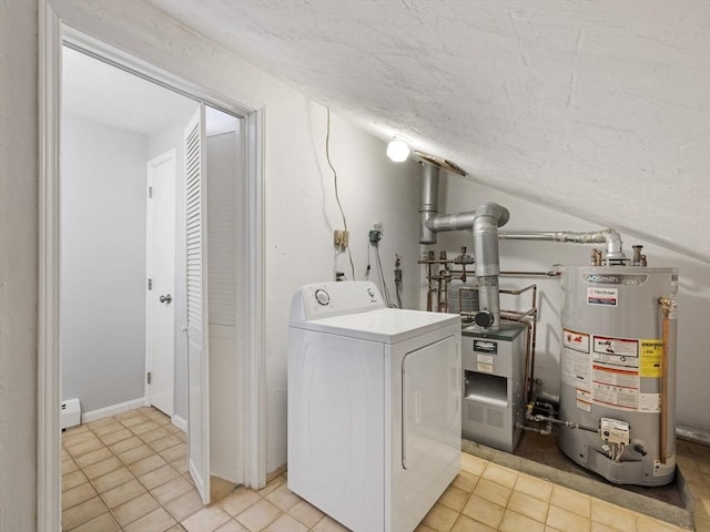48 Decarolis Dr Unit 48, Tewksbury, MA 01876 - laundry area featuring washer / dryer, gas water heater, a heating unit, a textured ceiling, and light tile patterned floors