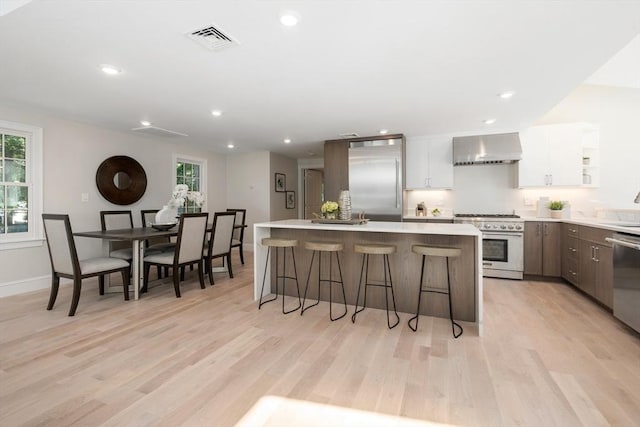 kitchen with high end appliances, wall chimney range hood, modern cabinets, a breakfast bar area, and light wood-style floors