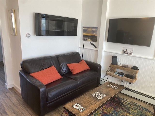 living room with dark hardwood / wood-style floors