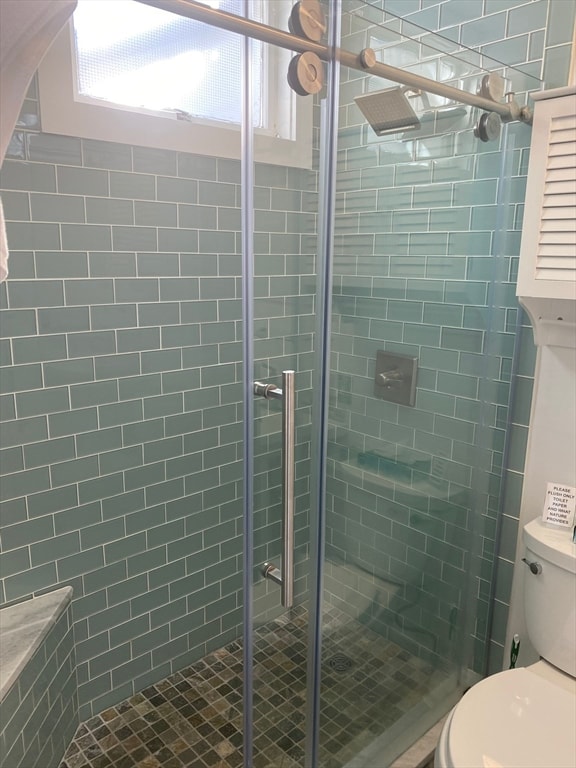 bathroom with walk in shower and toilet