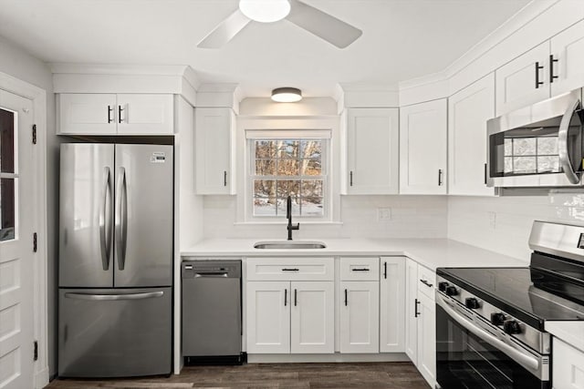 kitchen featuring backsplash, stainless steel appliances, white cabinets, dark hardwood / wood-style floors, and sink