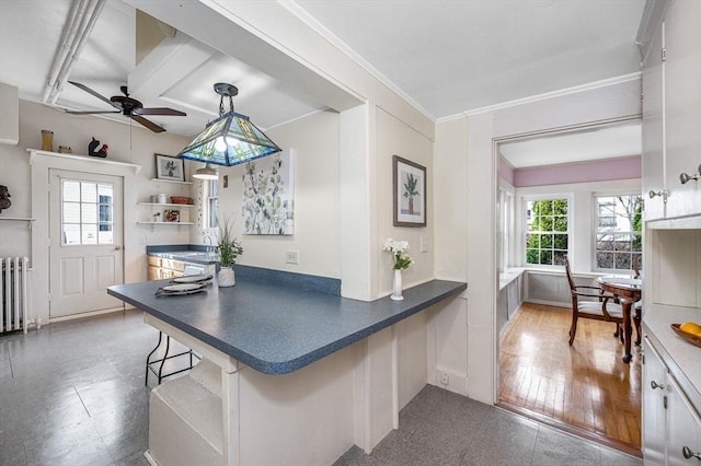 kitchen featuring a kitchen breakfast bar, plenty of natural light, dark countertops, and a peninsula