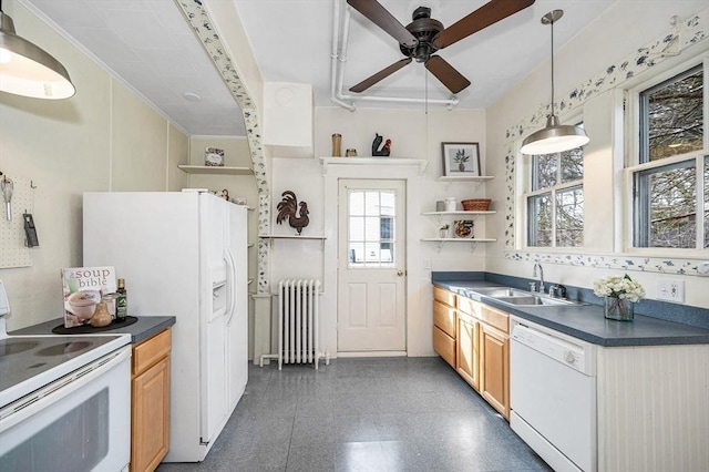 kitchen featuring dark countertops, white appliances, radiator heating unit, and open shelves