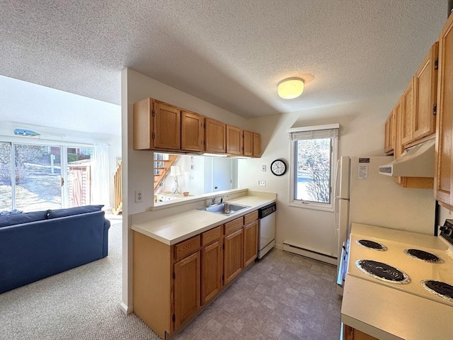 kitchen featuring under cabinet range hood, dishwashing machine, a sink, and light countertops