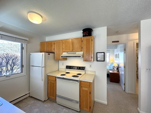 kitchen featuring under cabinet range hood, light countertops, white appliances, a textured ceiling, and a baseboard radiator