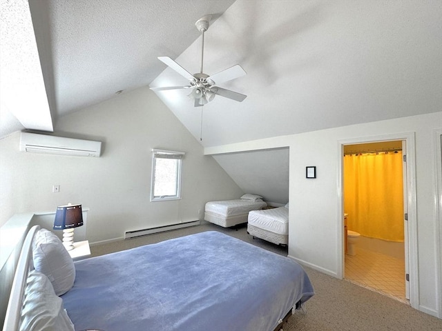 carpeted bedroom featuring a baseboard heating unit, baseboards, a wall mounted air conditioner, lofted ceiling, and a textured ceiling